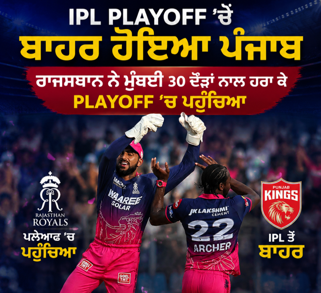 IPL Playoff ‘ਚੋਂ ਬਾਹਰ ਹੋਇਆ ਪੰਜਾਬ, ਰਾਜਸਥਾਨ ਨੇ ਮੁੰਬਈ 30 ਦੌੜਾਂ ਨਾਲ ਹਰਾ ਕੇ Playoff ‘ਚ ਬਣਾਈ ਪੱਕੀ ਜਗ੍ਹਾ